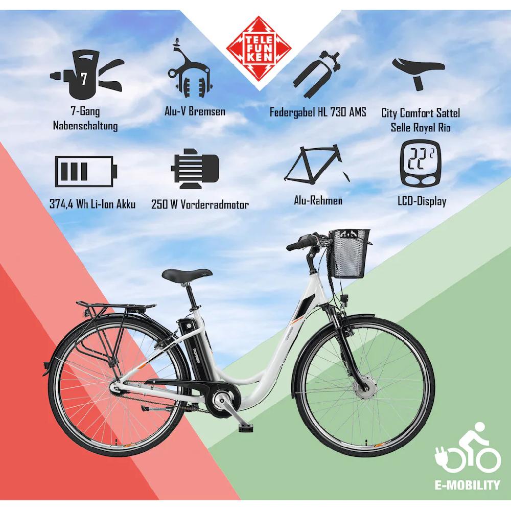 Telefunken E-Bike »Multitalent RC840« 7 Gang Shimano Nexus Frontmotor 250 W Pedelec Elektrofahrrad für Damen u. Herren Cityrad auf Rechnung online bestellen Sonderangebot
