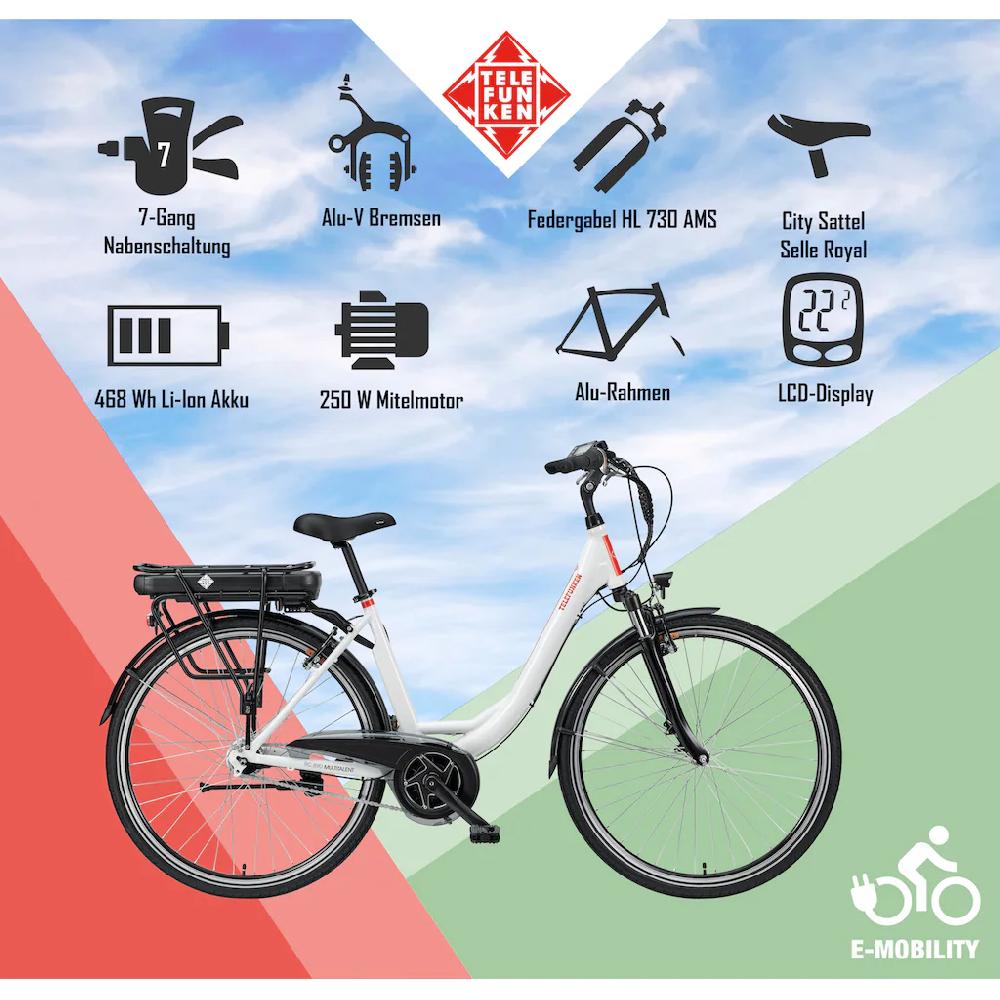 Telefunken E-Bike »Multitalent RC890« 7 Gang Shimano Nexus Mittelmotor 250 W Pedelec Elektrofahrrad für Damen u. Herren Cityrad Online Shopping