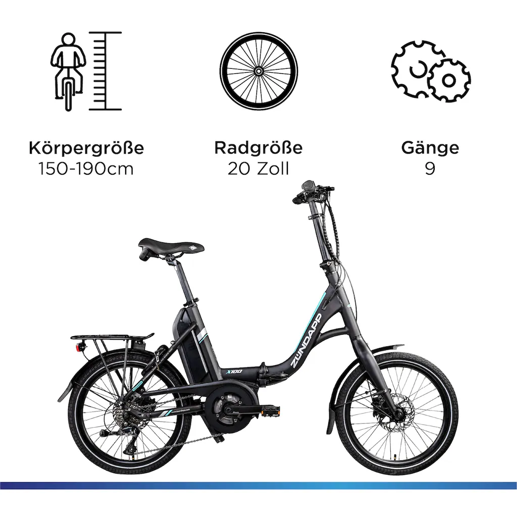 Zündapp E-Bike »X100« 9 Gang Shimano Sora Mittelmotor 250 W Pedelec Elektrofahrrad für Damen u. Herren Faltrad auf Rechnung online kaufen Valentinstagsangebot