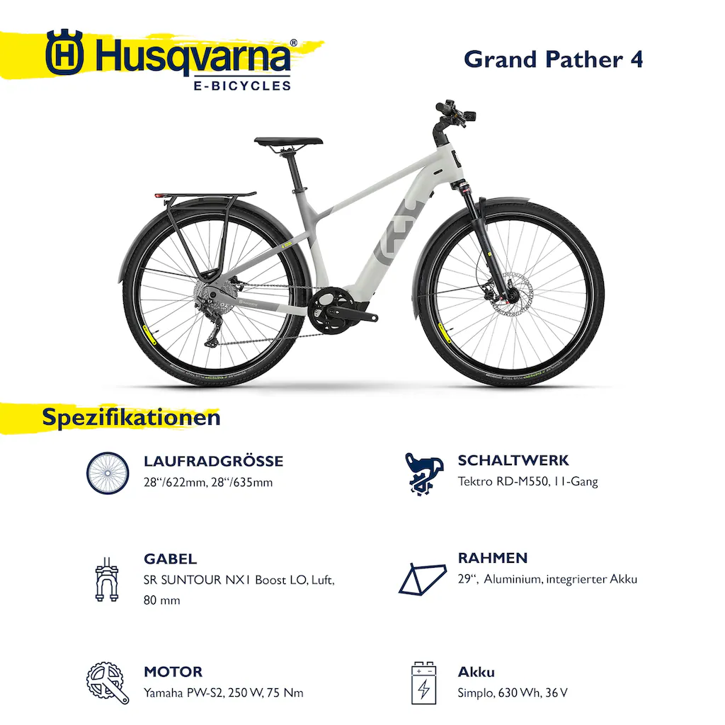 Husqvarna E-BICYCLES E-Bike »E-Trekkingbike Grand Pather 4« 11 Gang Tektro RD-M550 Mittelmotor 250 W (28 Zoll Yamaha Motor Scheibenbremsen mit Straßenzulassung) Pedelec Elektrofahrrad für Herren Trekkingrad auf Raten Tiefpreis