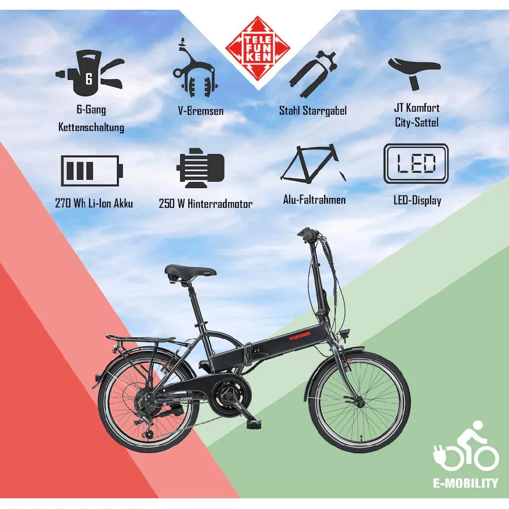 Telefunken E-Bike »Kompakt F820« 6 Gang Shimano Tourney Heckmotor 250 W Pedelec Elektrofahrrad für Damen u. Herren Faltrad auf Rechnung online bestellen Sonderangebot der Fabrik