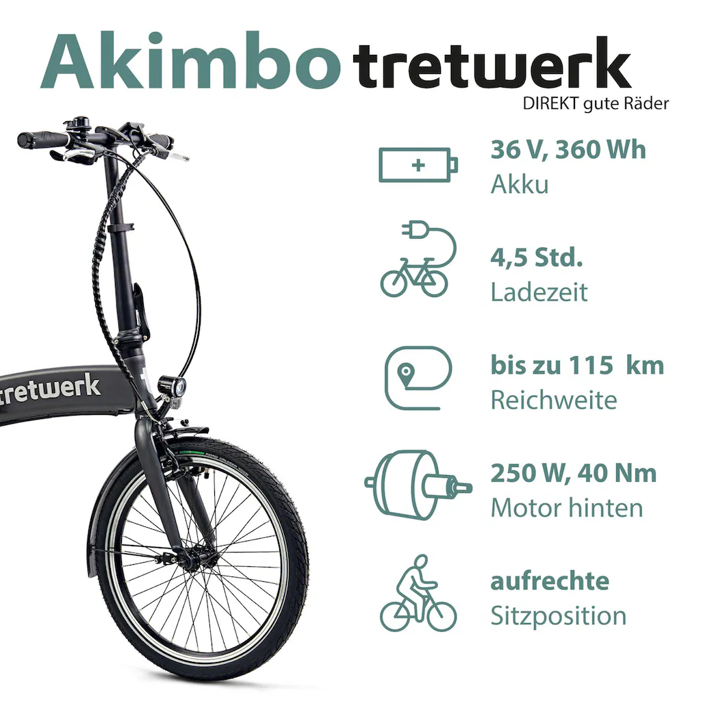 Tretwerk E-Bike »Akimbo« 8 Gang Shimano Acera M3020 SGS Heckmotor 250 W Pedelec Elektrofahrrad für Damen u. Herren Faltrad zollfrei