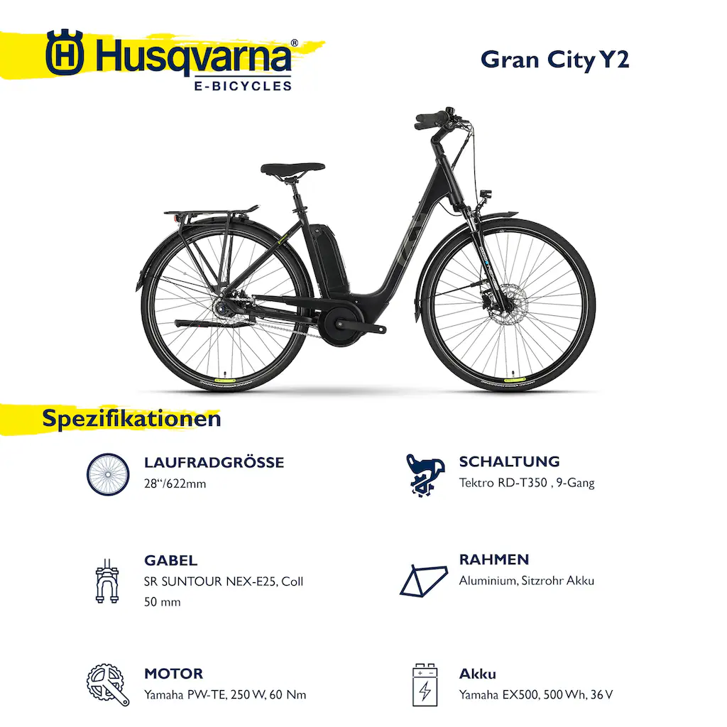 Husqvarna E-BICYCLES E-Bike »E-Citybike Grand City Y2« 9 Gang Tektro RD-T350 Mittelmotor 250 W (28 Zoll Yamaha Motor Scheibenbremsen mit Straßenzulassung) Pedelec Elektrofahrrad für Herren u. Damen Cityrad tiefer Einstieg Rabatt