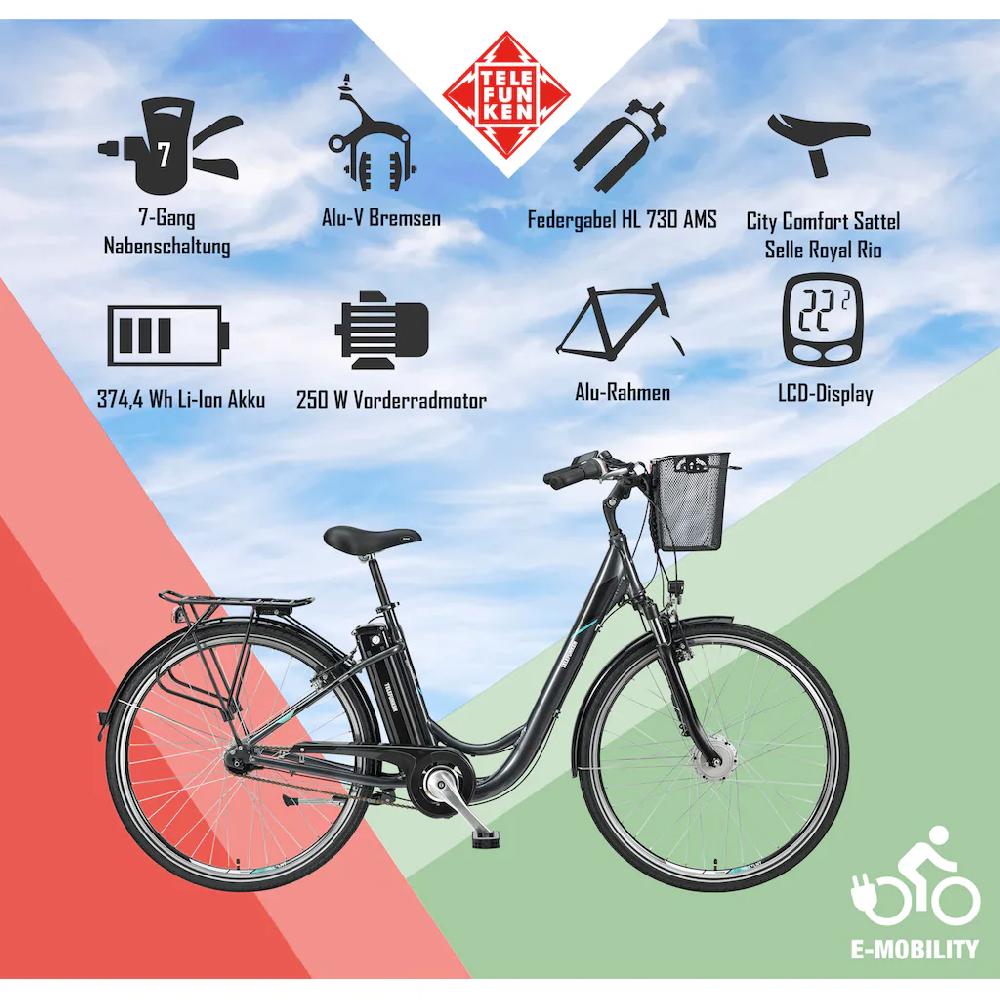 Telefunken E-Bike »Multitalent RC840« 7 Gang Shimano Nexus Frontmotor 250 W Pedelec Elektrofahrrad für Damen u. Herren Cityrad Neueste Mode