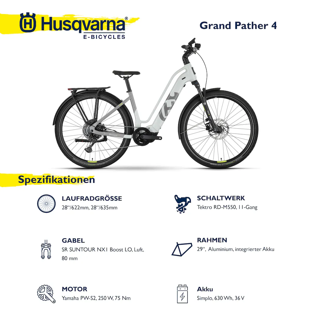 Husqvarna E-BICYCLES E-Bike »E-Trekkingbike Grand Pather 4« 11 Gang Tektro RD-M550 Mittelmotor 250 W (tiefer Einstieg 28" Yamaha Motor Scheibenbremsen Straßenzulassung) Pedelec Elektrofahrrad für Herren Trekkingrad auf Rechn Bestseller