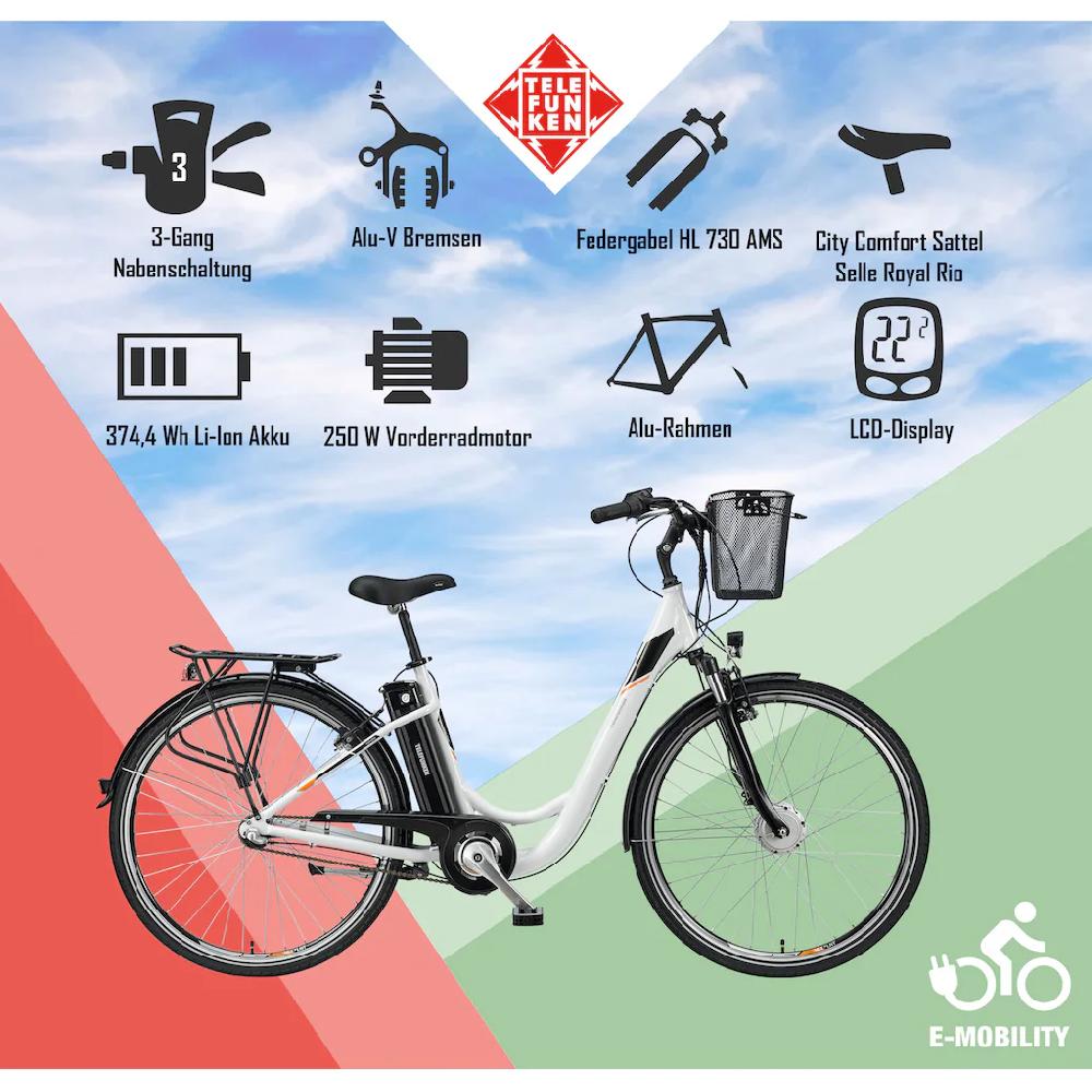 Telefunken E-Bike »Multitalent RC830« 3 Gang Shimano Nexus Frontmotor 250 W Pedelec Elektrofahrrad für Damen u. Herren Cityrad auf Rechnung kaufen Clearance-Verkauf