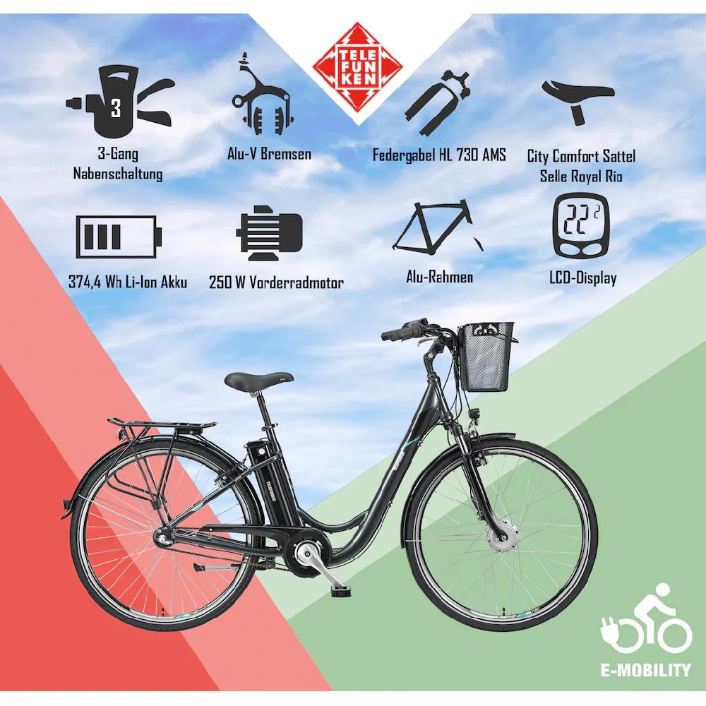Telefunken E-Bike »Multitalent RC830« 3 Gang Shimano Nexus Frontmotor 250 W Pedelec Elektrofahrrad für Damen u. Herren Cityrad auf Raten Kostenloser Versand international