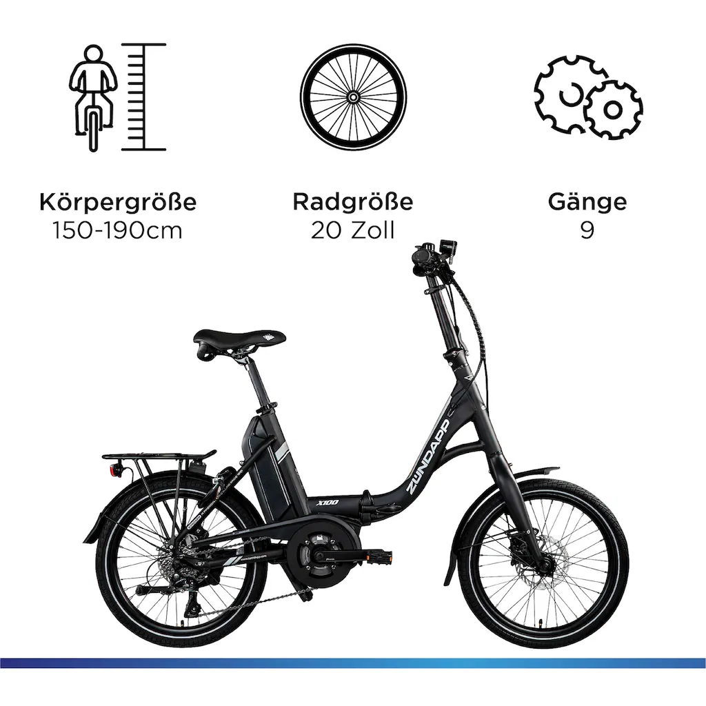 Zündapp E-Bike »X100« 9 Gang Shimano Sora Mittelmotor 250 W Pedelec Elektrofahrrad für Damen u. Herren Faltrad Black Friday Preise