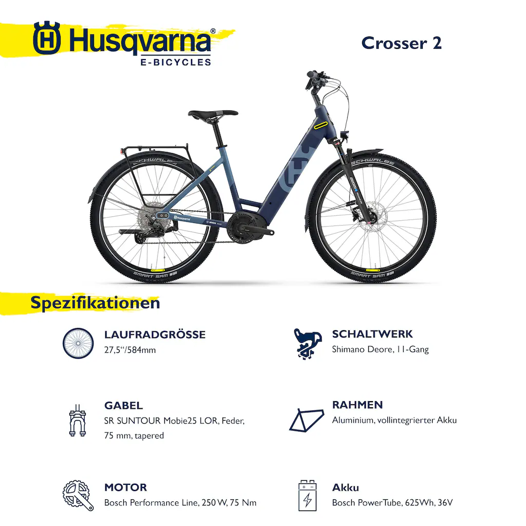 Husqvarna E-BICYCLES E-Bike »E-Trekkingbike Crosser 2« 11 Gang Shimano Deore RD-M5100 Mittelmotor 250 W (27 5 Zoll Bosch Motor Scheibenbremsen Straßenzulassung) Pedelec Elektrofahrrad für Herren u. Damen Trekkingrad auf Rate Meist gekauft