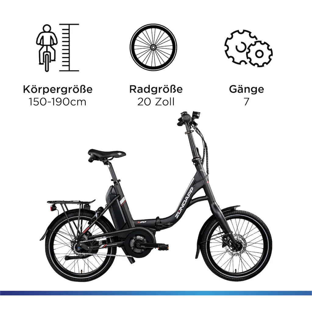 Zündapp E-Bike »X20« 7 Gang Shimano Nexus Mittelmotor 250 W Pedelec Elektrofahrrad für Damen u. Herren Faltrad Zeitlich begrenztes Angebot