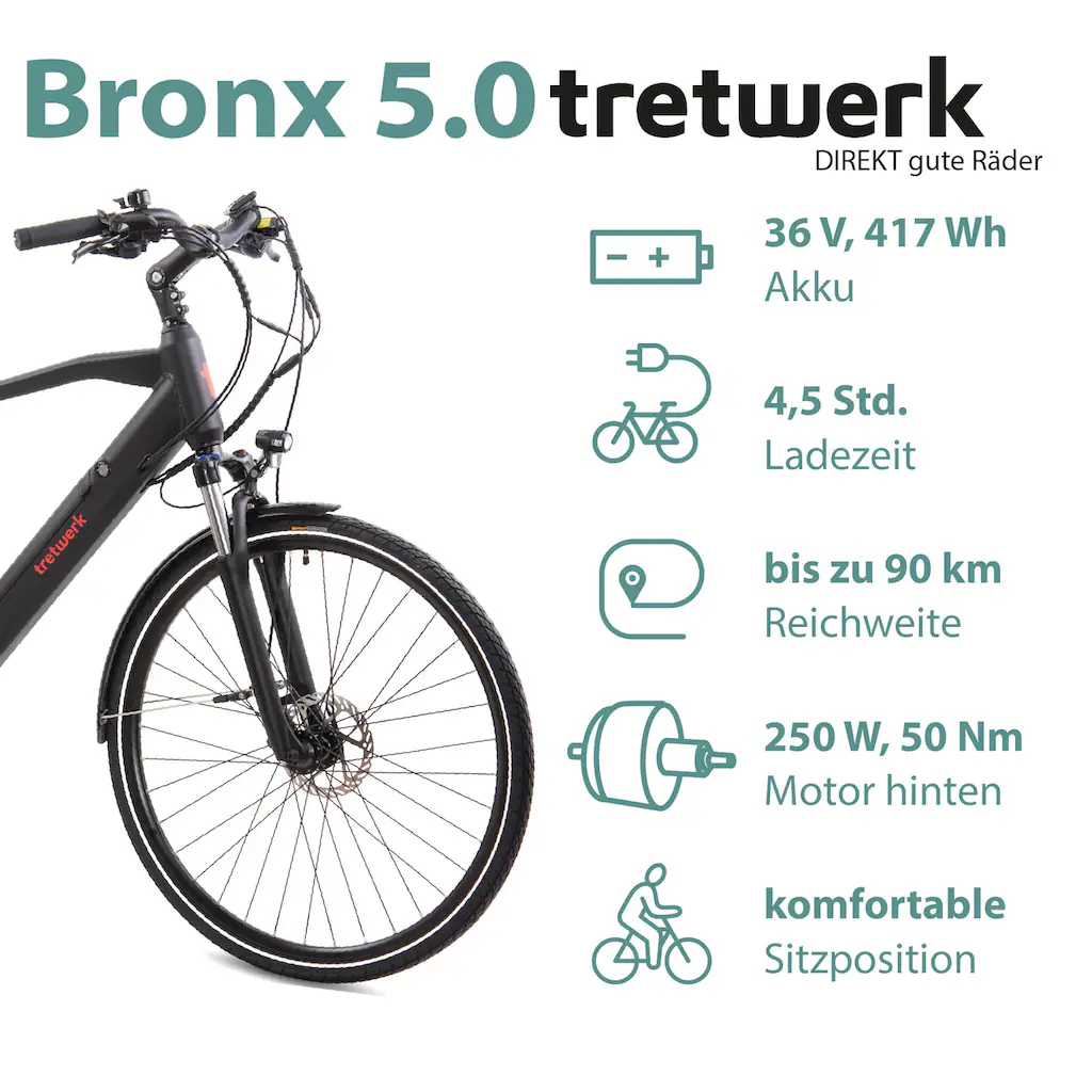 Tretwerk E-Bike »Bronx 5.0« 24 Gang Shimano Altus M310 Heckmotor 250 W Pedelec Elektrofahrrad für Damen u. Herren Trekkingrad auf Rechnung online kaufen Wochenangebot