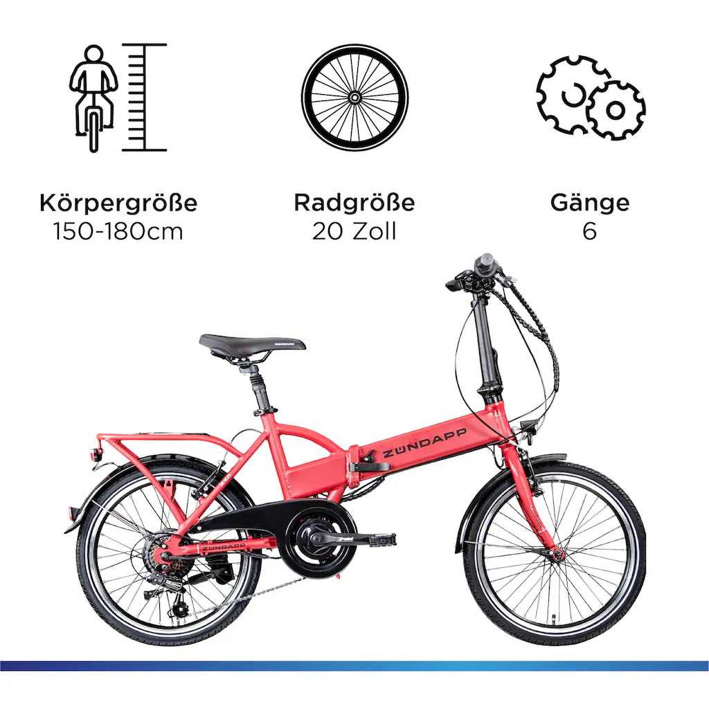 Zündapp E-Bike »Z101« 6 Gang Shimano Tourney RD-TY300 Heckmotor 250 W Pedelec Elektrofahrrad für Damen u. Herren Faltrad Vierteljährliche Förderung