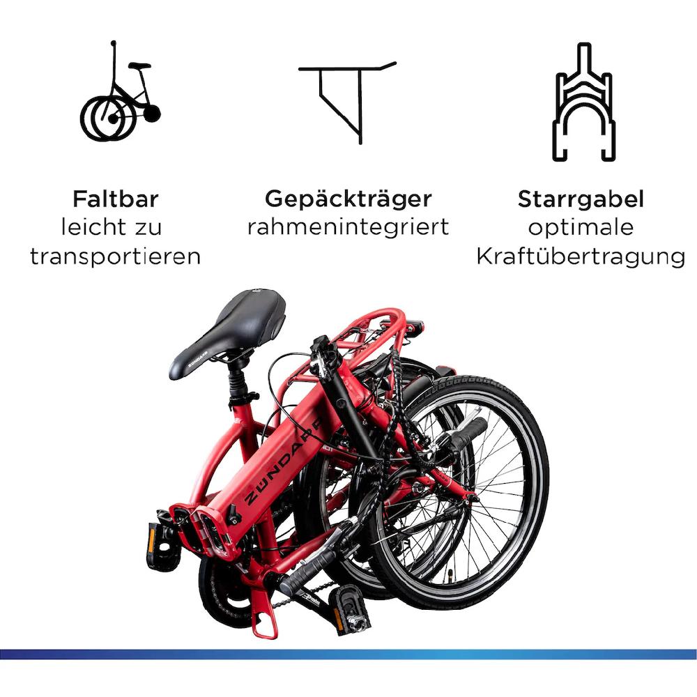 Zündapp E-Bike »Z101« 6 Gang Shimano Tourney RD-TY300 Heckmotor 250 W Pedelec Elektrofahrrad für Damen u. Herren Faltrad Vierteljährliche Förderung