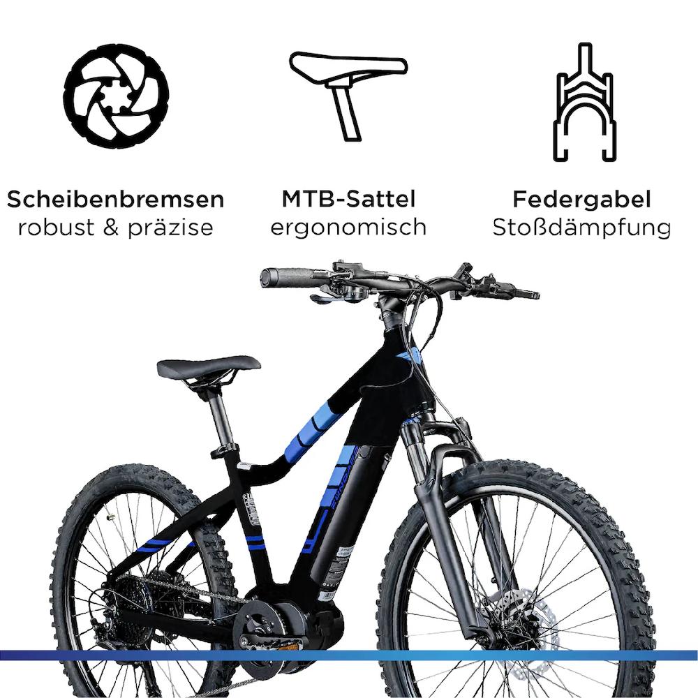 Zündapp E-Bike »Z240« 9 Gang Shimano Alivio RD-M3100 SGS Mittelmotor 250 W E Bike Mountainbike 24 Zoll Elektro Bike 130-145 cm Jugendliche ab 8 Clearance-Verkauf