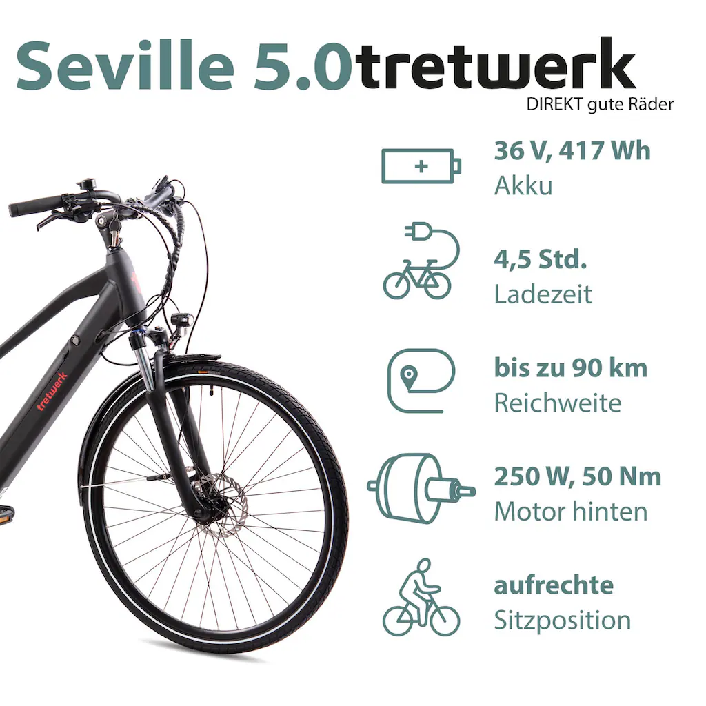 Tretwerk E-Bike »Seville 5.0« 24 Gang Shimano Heckmotor 250 W Pedelec Elektrofahrrad für Damen u. Herren Trekkingrad Limitierter Zeitrabatt