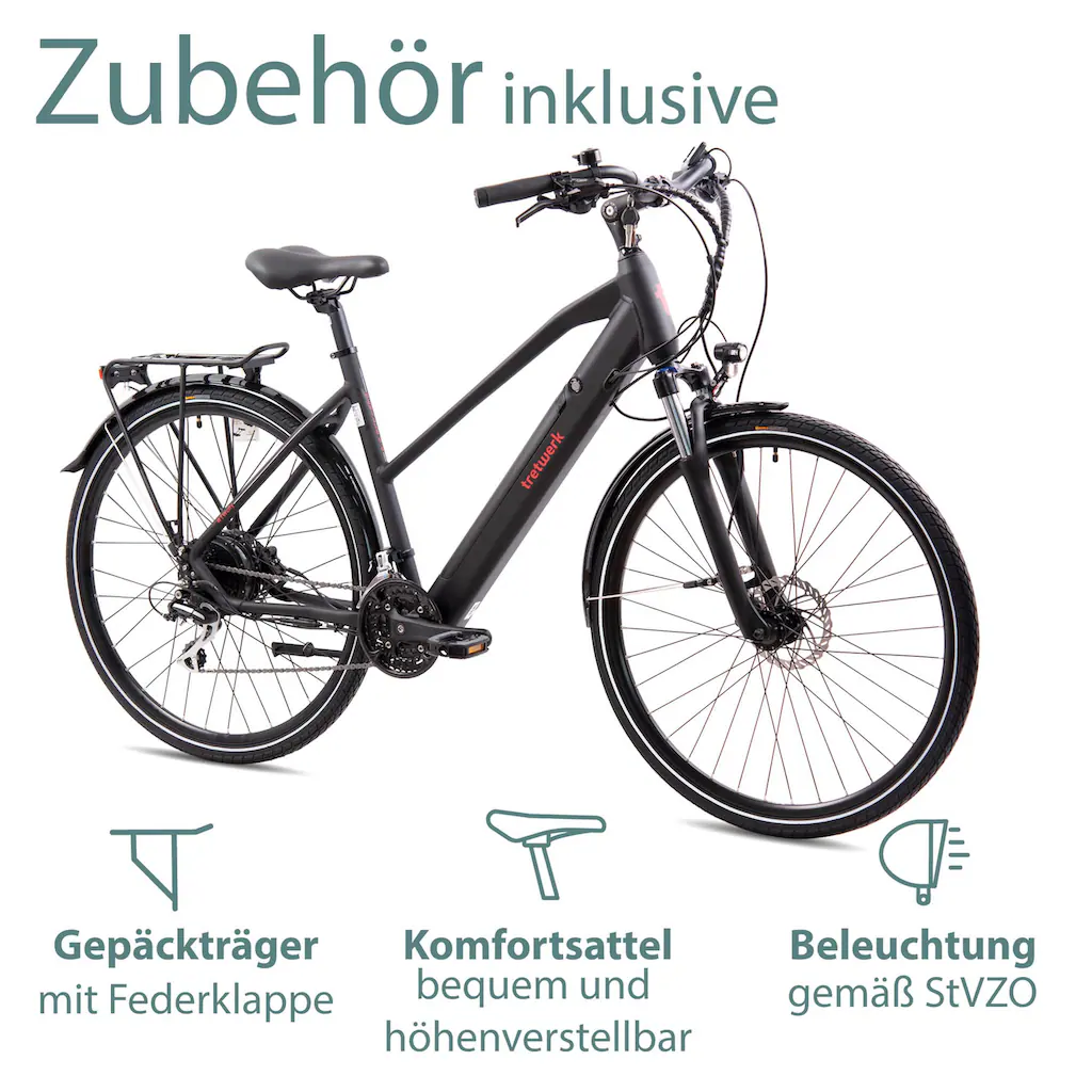 Tretwerk E-Bike »Seville 5.0« 24 Gang Shimano Heckmotor 250 W Pedelec Elektrofahrrad für Damen u. Herren Trekkingrad Limitierter Zeitrabatt