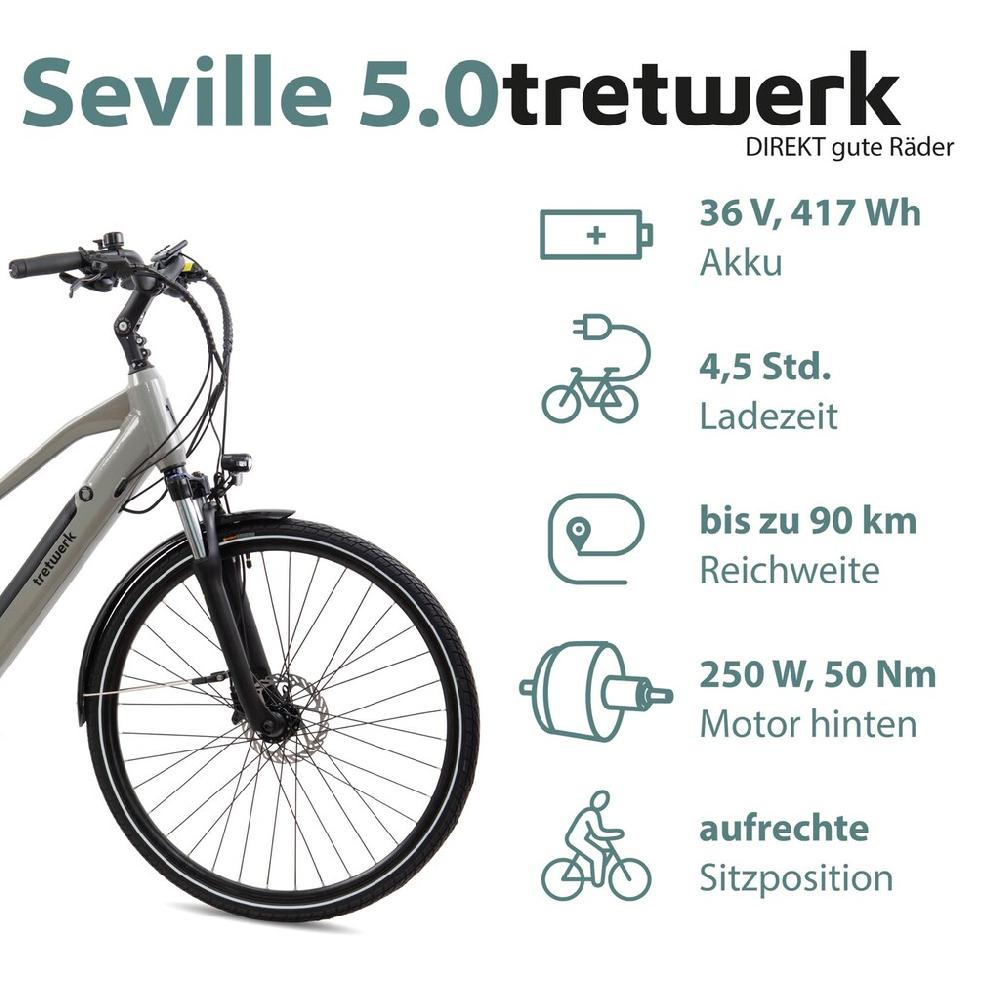 Tretwerk E-Bike »Seville 5.0« 24 Gang Shimano Heckmotor 250 W Pedelec Elektrofahrrad für Damen u. Herren Trekkingrad auf Rechnung kaufen Preisnachlass