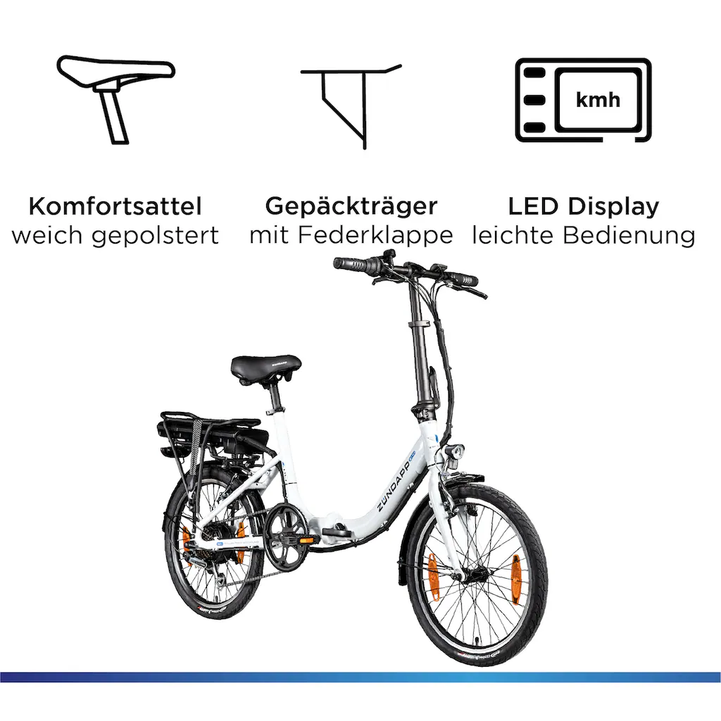 Zündapp E-Bike »Z110« 7 Gang Shimano RD-TY21 Tourney Heckmotor 250 W Pedelec Elektrofahrrad für Damen u. Herren Klapprad auf Rechnung online bestellen Osterangebot
