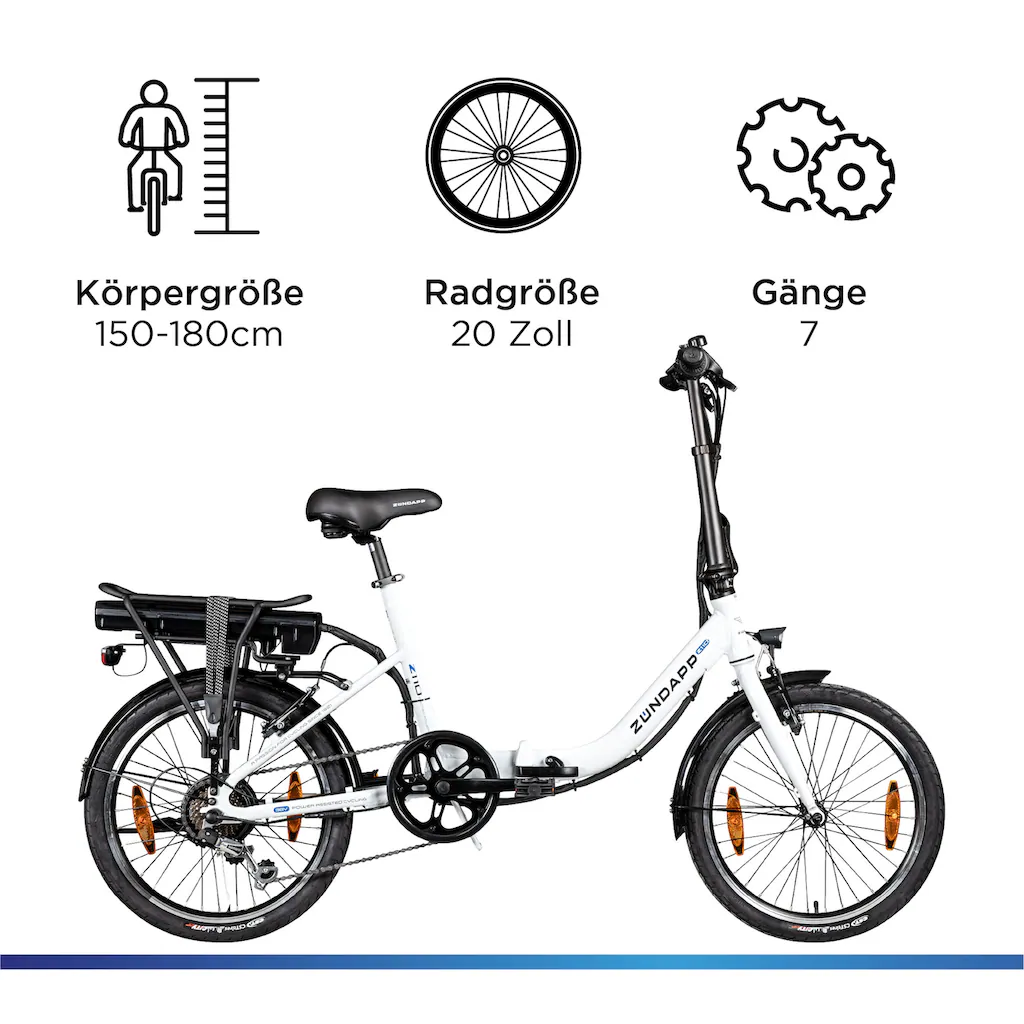 Zündapp E-Bike »Z110« 7 Gang Shimano RD-TY21 Tourney Heckmotor 250 W Pedelec Elektrofahrrad für Damen u. Herren Klapprad auf Rechnung online bestellen Osterangebot