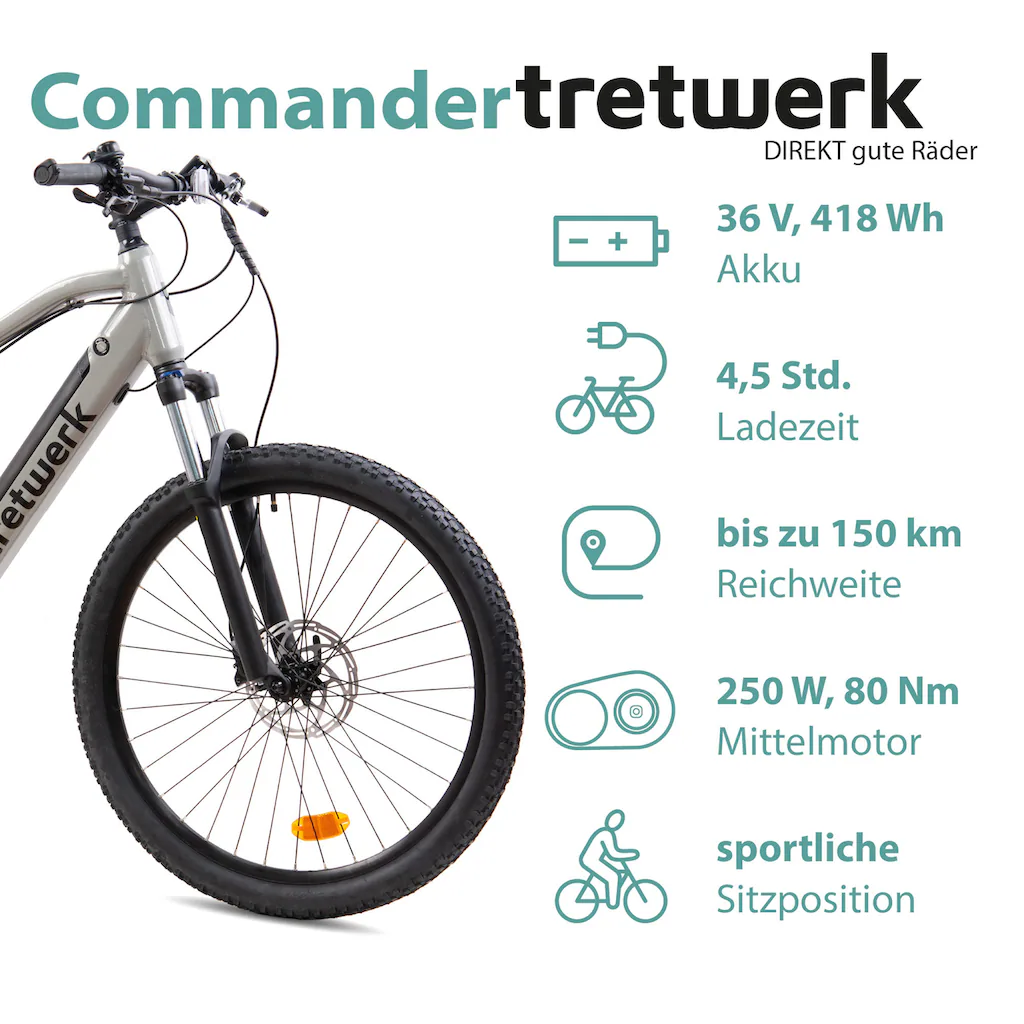 Tretwerk E-Bike »Commander« 9 Gang Shimano Altus M2000 Mittelmotor 250 W Pedelec Elektrofahrrad für Damen u. Herren MTB Mountainbike Vatertagsangebot