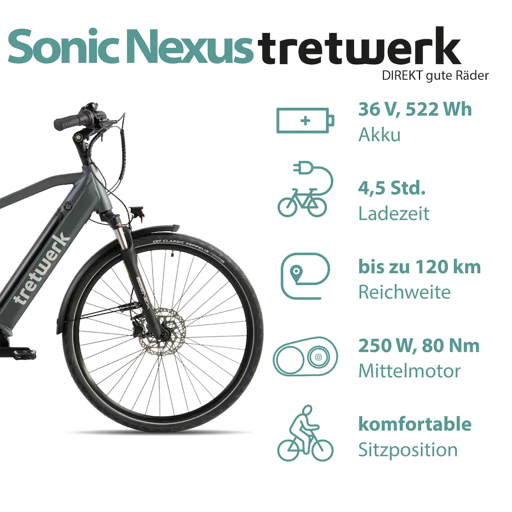 Tretwerk E-Bike »Sonic Nexus« 7 Gang Mittelmotor 250 W Pedelec Elektrofahrrad für Damen u. Herren Trekkingrad auf Rechnung online kaufen Kostenlose Rückgabe