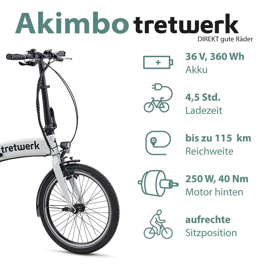 Tretwerk E-Bike »Akimbo« 8 Gang Shimano Acera M3020 SGS Heckmotor 250 W Pedelec Elektrofahrrad für Damen u. Herren Faltrad auf Rechnung online bestellen Letzter Tag