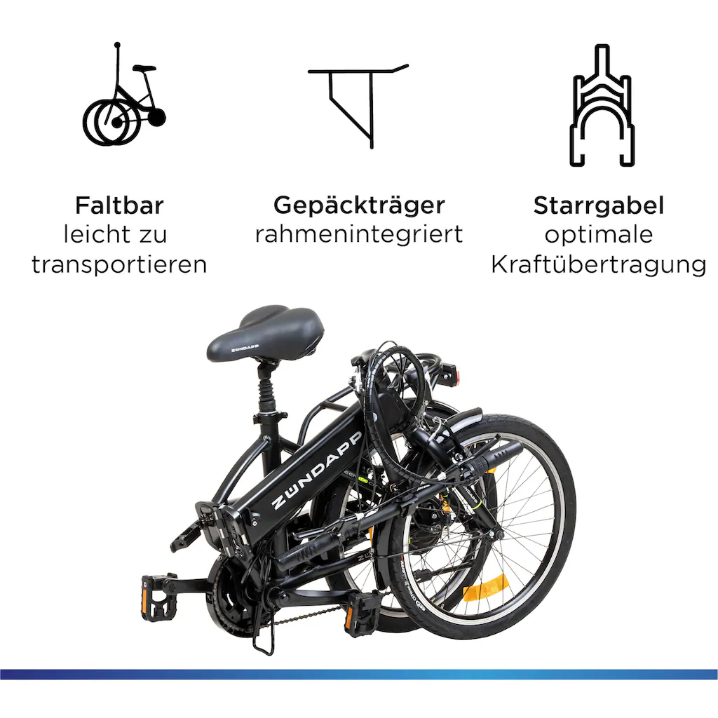 Zündapp E-Bike »Z101« 6 Gang Shimano Tourney RD-TY300 Heckmotor 250 W Pedelec Elektrofahrrad für Damen u. Herren Faltrad auf Rechnung kaufen Nur noch ein Tag übrig
