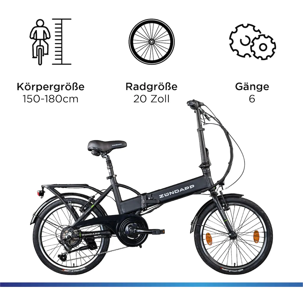 Zündapp E-Bike »Z101« 6 Gang Shimano Tourney RD-TY300 Heckmotor 250 W Pedelec Elektrofahrrad für Damen u. Herren Faltrad auf Rechnung kaufen Nur noch ein Tag übrig