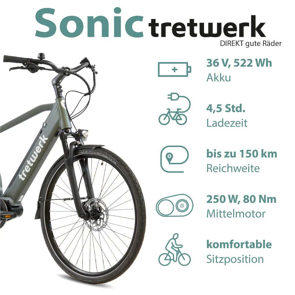 Tretwerk E-Bike »Sonic« 8 Gang Shimano Acera M3020 SGS Mittelmotor 250 W Pedelec Elektrofahrrad für Damen u. Herren Trekkingrad auf Rechnung Speichern exportieren