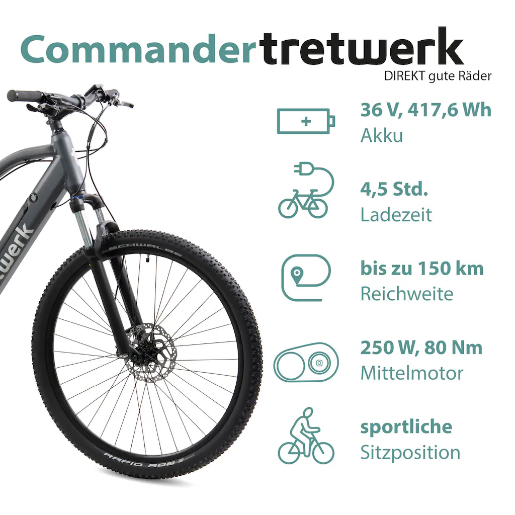 Tretwerk E-Bike »Commander« 9 Gang Shimano Altus SGS Mittelmotor 250 W Pedelec Elektrofahrrad für Damen u. Herren MTB Mountainbike auf Rechnung Outlet