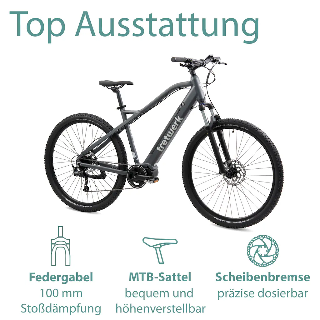 Tretwerk E-Bike »Commander« 9 Gang Shimano Altus SGS Mittelmotor 250 W Pedelec Elektrofahrrad für Damen u. Herren MTB Mountainbike auf Rechnung Outlet