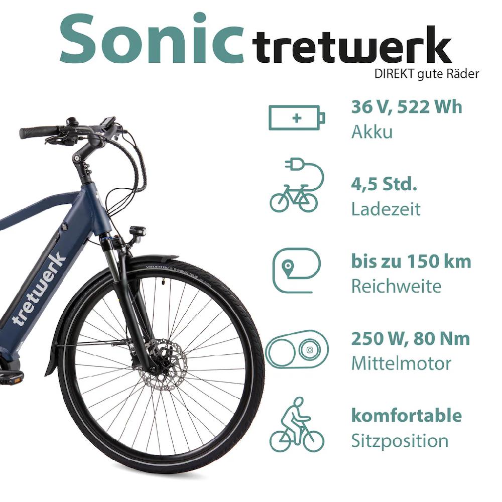 Tretwerk E-Bike »Sonic« 8 Gang Shimano Acera M3020 SGS Mittelmotor 250 W Pedelec Elektrofahrrad für Damen u. Herren Trekkingrad auf Rechnung Schlussverkauf