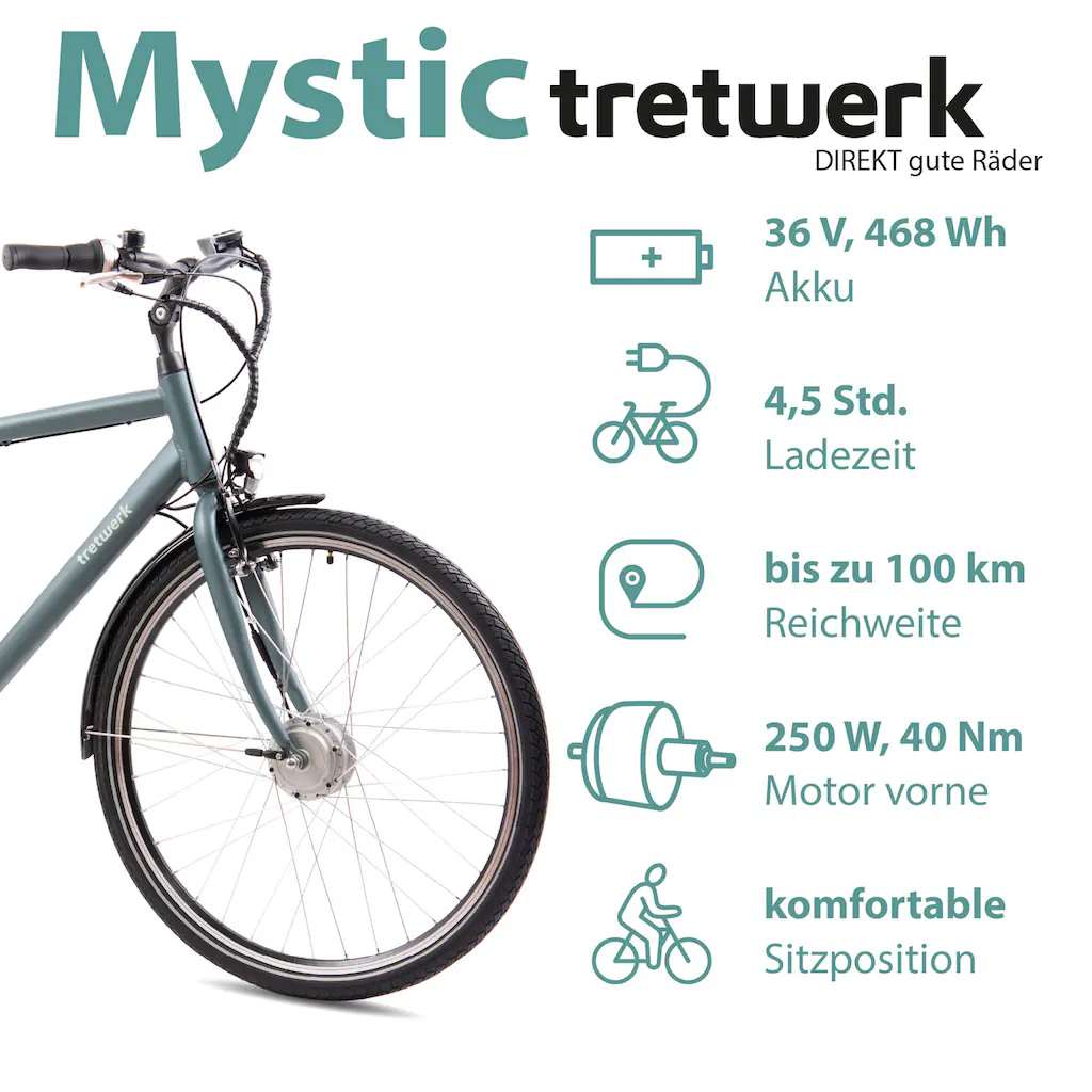 Tretwerk E-Bike »Mystic« 7 Gang Frontmotor 250 W Pedelec Elektrofahrrad für Damen u. Herren Trekkingrad auf Rechnung Fabrikpreis