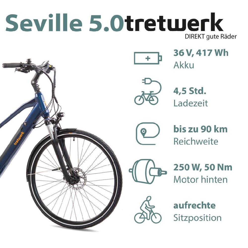 Tretwerk E-Bike »Seville 5.0« 24 Gang Shimano Heckmotor 250 W Pedelec Elektrofahrrad für Damen u. Herren Trekkingrad auf Rechnung Versandkostenfrei