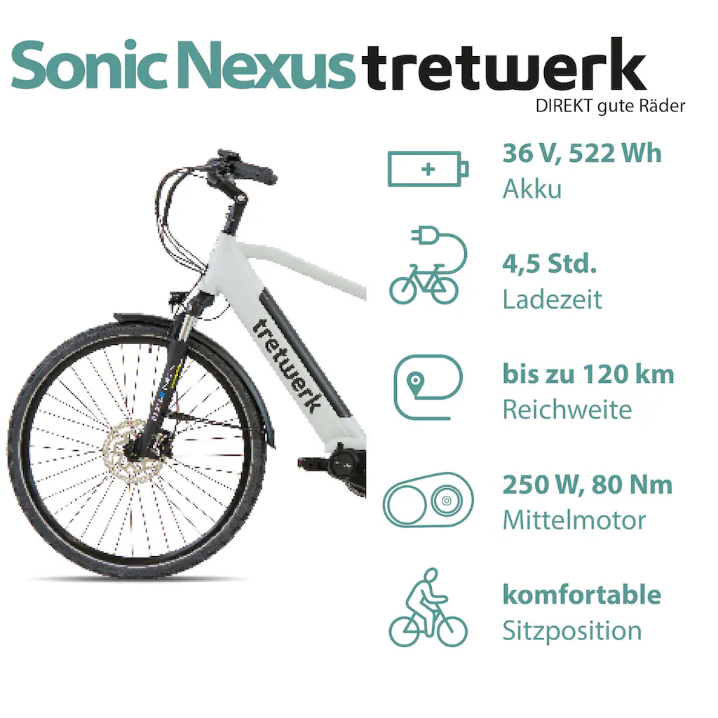 Tretwerk E-Bike »Sonic Nexus« 7 Gang Mittelmotor 250 W Pedelec Elektrofahrrad für Damen u. Herren Trekkingrad auf Rechnung online kaufen Großer Ausverkauf