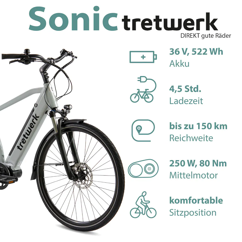 Tretwerk E-Bike »Sonic« 8 Gang Shimano Acera M3020 SGS Mittelmotor 250 W Pedelec Elektrofahrrad für Damen u. Herren Trekkingrad Begrenztes Angebot