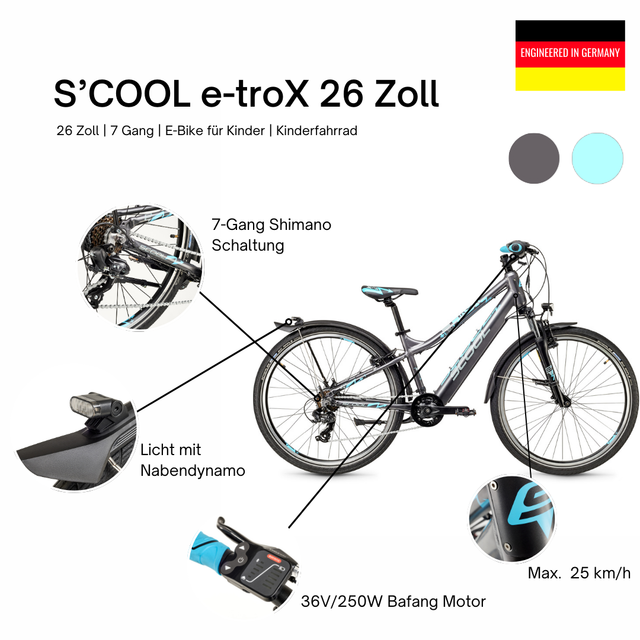 S'COOL S'COOL Junior Bikes E-Kinderfahrrad e-troX 26 Zoll 7-Gang Grey/blue &vert; fahrrad.de Bis zu 60% Rabatt
