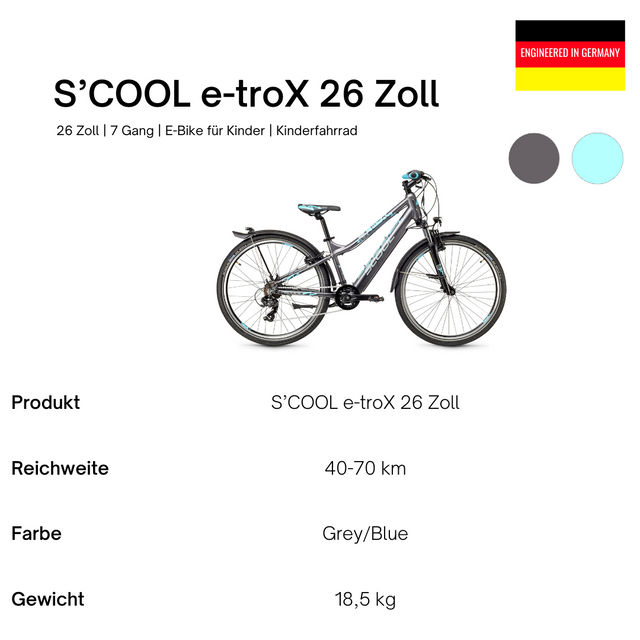 S'COOL S'COOL Junior Bikes E-Kinderfahrrad e-troX 26 Zoll 7-Gang Grey/blue &vert; fahrrad.de Bis zu 60% Rabatt